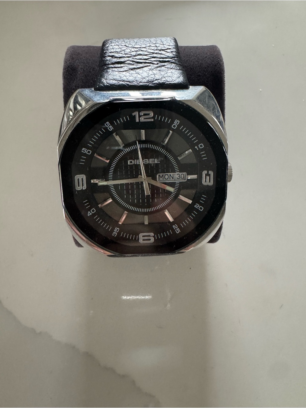 Diesel Black Dial Silver-Tone Case Leather Strap Watch